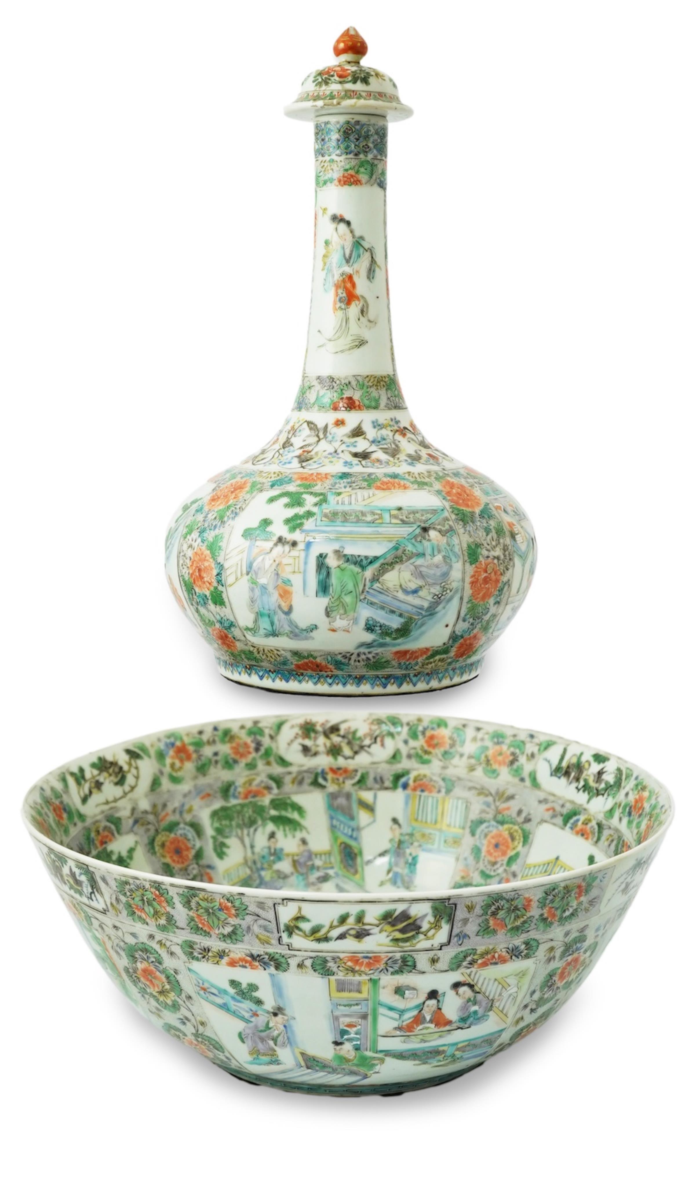 A Chinese enamelled porcelain water bottle, cover and basin, mid 19th century